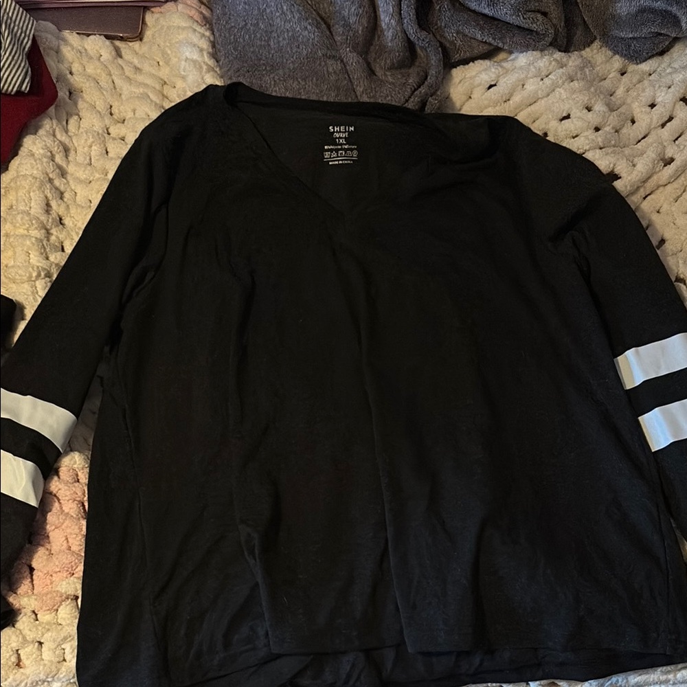 SHEIN Black V-Neck Top with White Sleeve Stripes